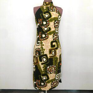 Vintage 60s 70s Hawaiian Barkcloth Jacqueline Green & Orange Cotton Halter Dress